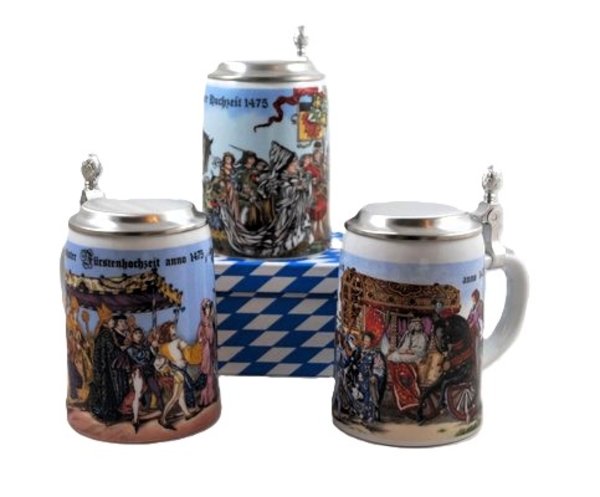 Bierkrug mit Flachdeckel aus Zinn, - Motiv Landshuter Hochzeit 1475