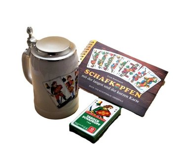 Bierkrug mit Flachdeckel aus Zinn, Motiv Schafkopf, plus Buch "Lerne Schafkopfen" und Spielkarten, SET